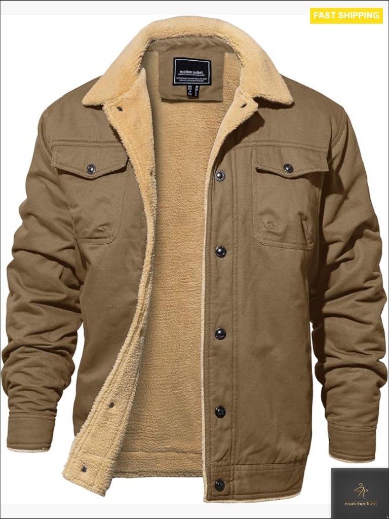 Thermal Fleece Lined Cargo Jacket With Sherpa Collar Button Front Work
